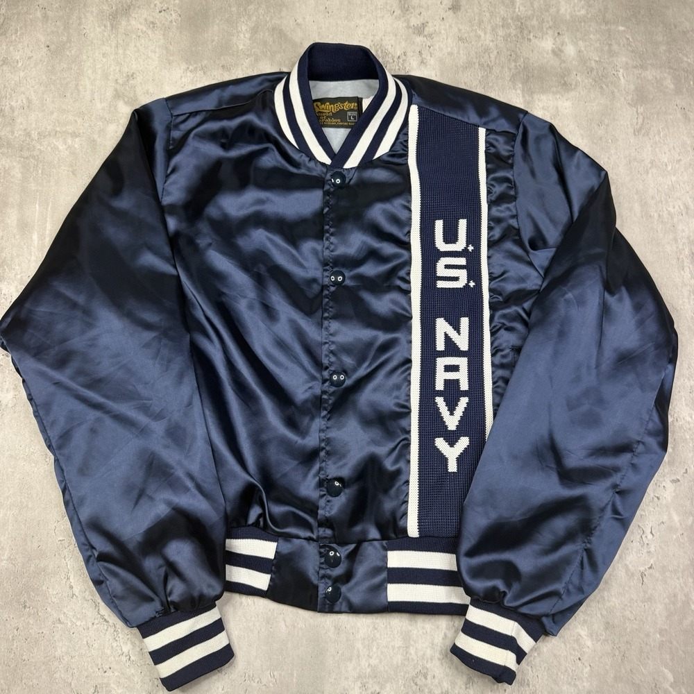 Vintage 80s US Navy Swingster Satin Bomber Jacket Made in USA Blue Youth L 2781